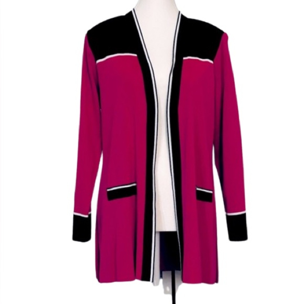 Vintage Misook Black & Pink Open Front Cardigan Jacket Fuchsia Designer Medium